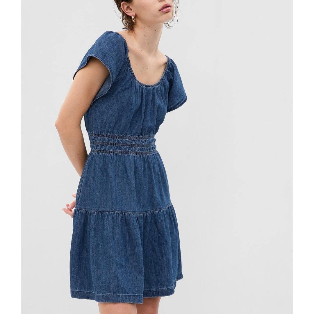 NWT GAP Denim Short Flutter Sleeve Tiered Round Neck Mini Dress w. Pockets Sz L