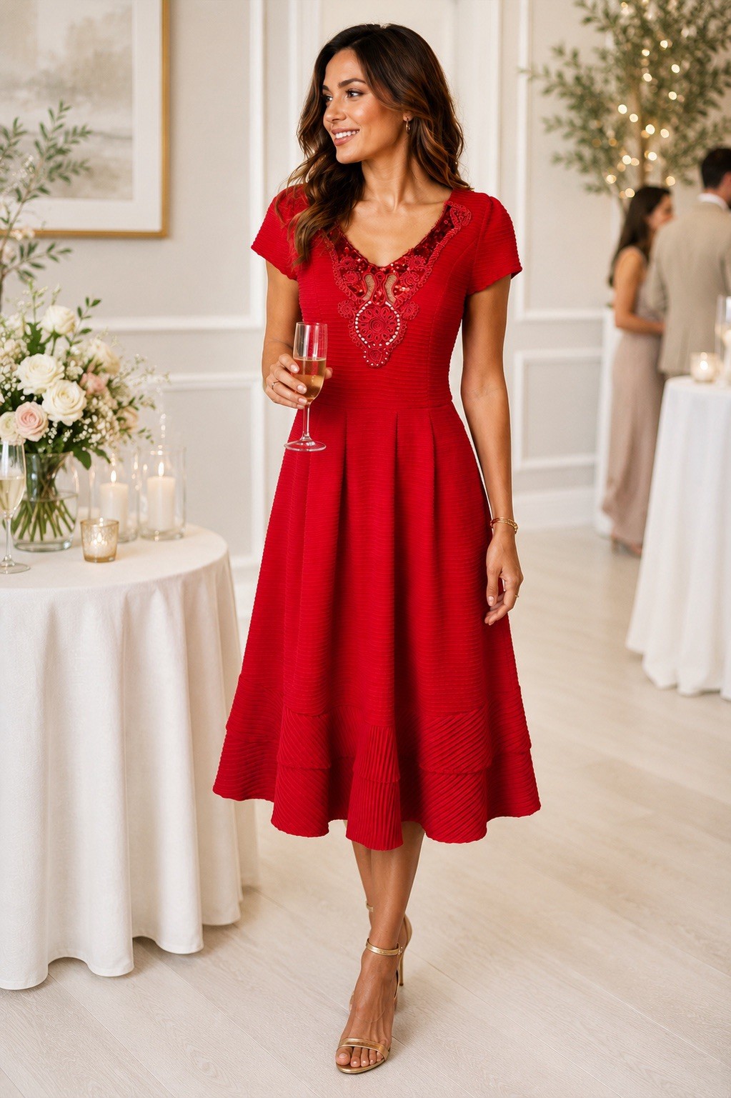 Francesca’s Buttons Womens Dress Medium Red Fit Flare Stretch Sequined Pin-Up