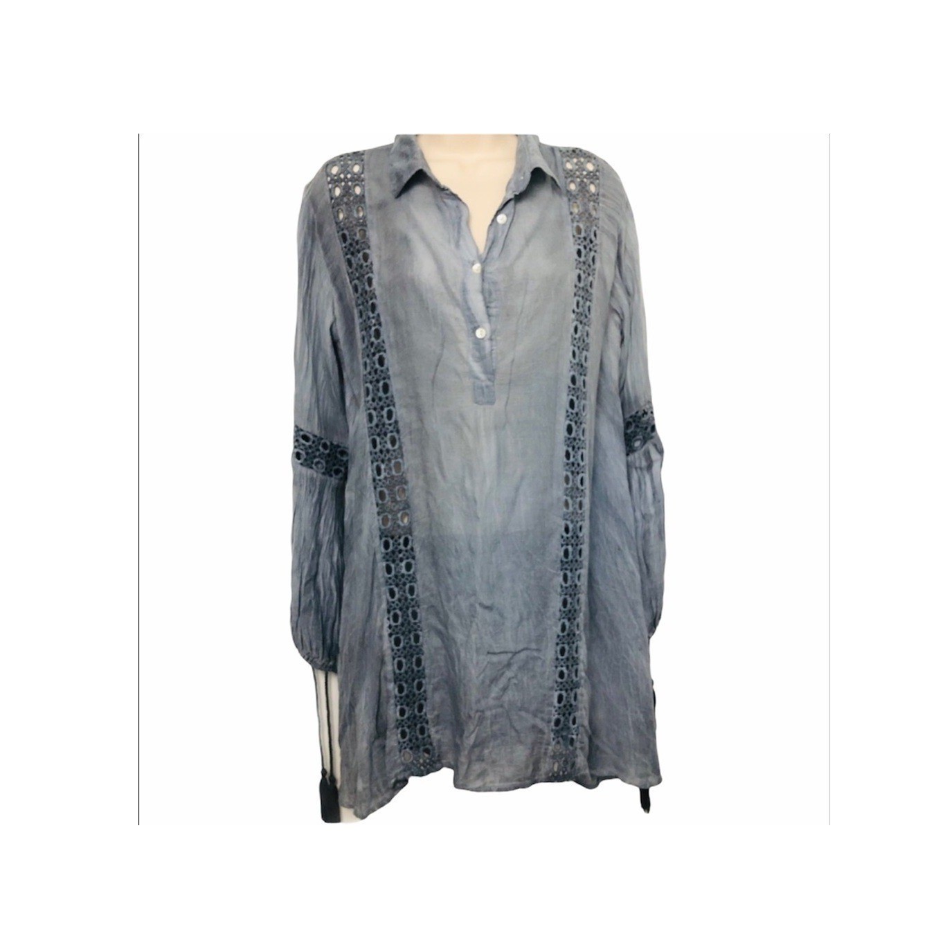 En Creme Blue Tunic Top Crochet Trim Long Sleeve Small Boho Blouse