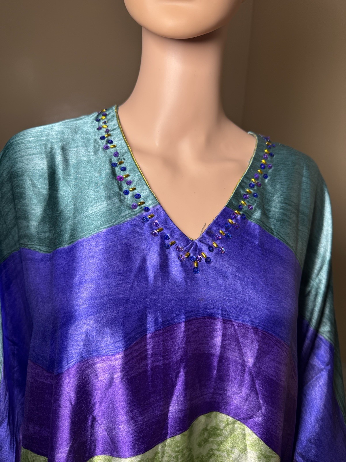 Santee Classics Colorblock Satin Kaftan Dress V-Neck Beaded Long One Size