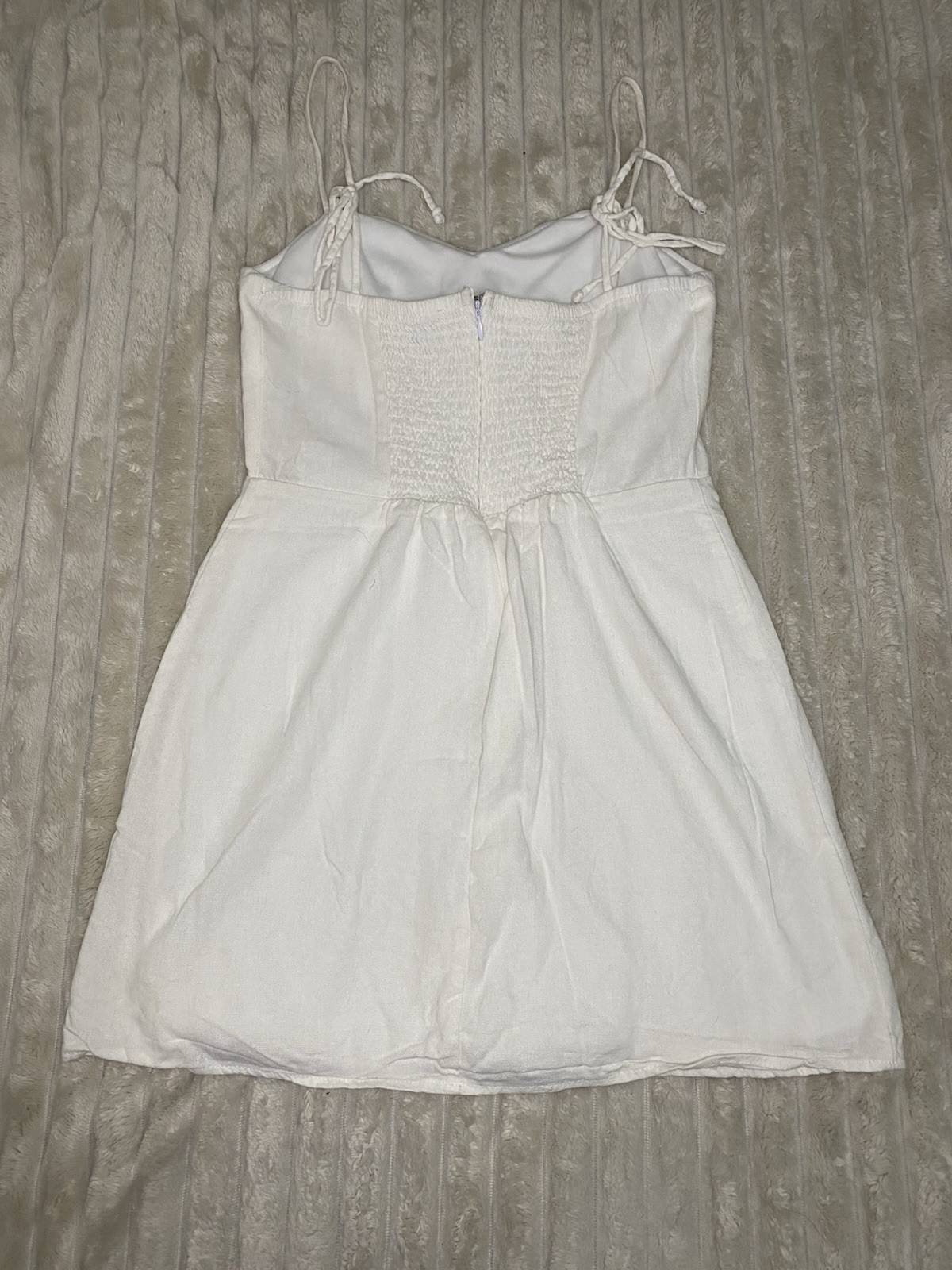 francesca’s White Woven Sweetheart Sundress Smocked Lined Zip Back Tie Straps S
