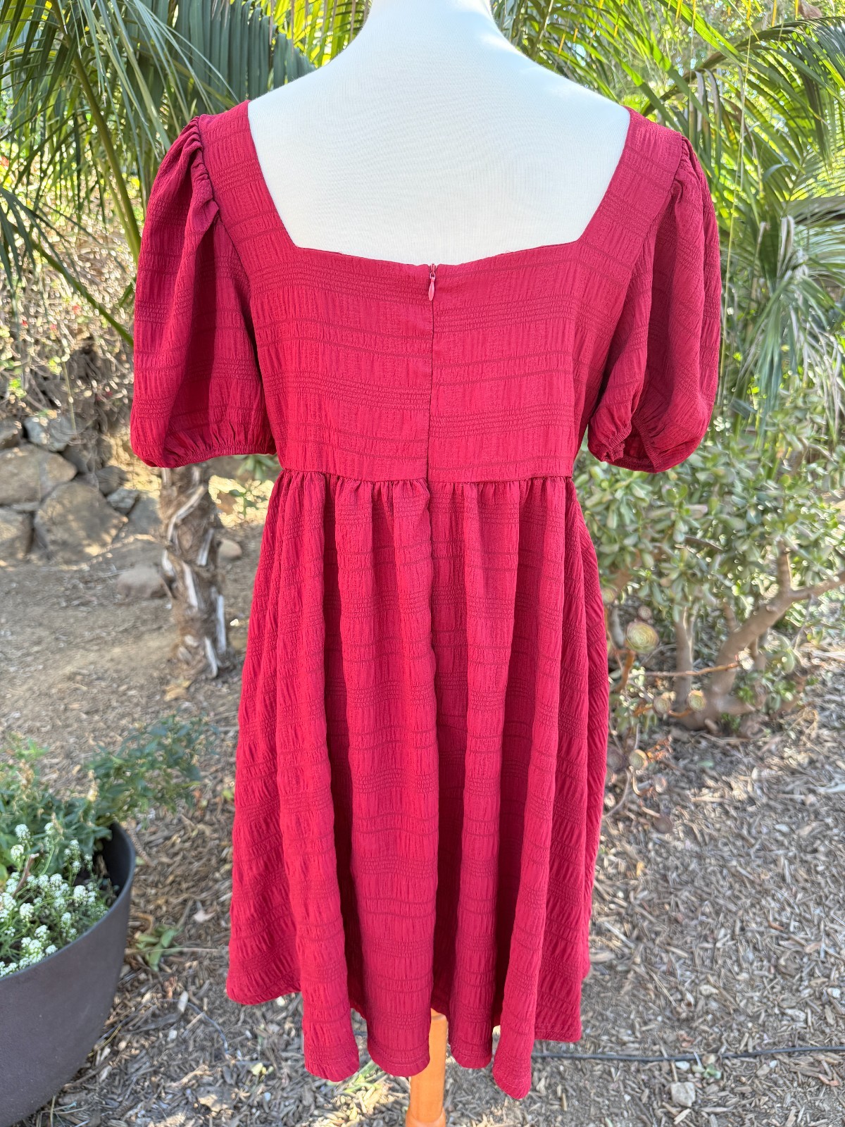 Babydoll Boho Puff Sleeve Smocked Cottagecore Mini Dress Red Size XL Textured
