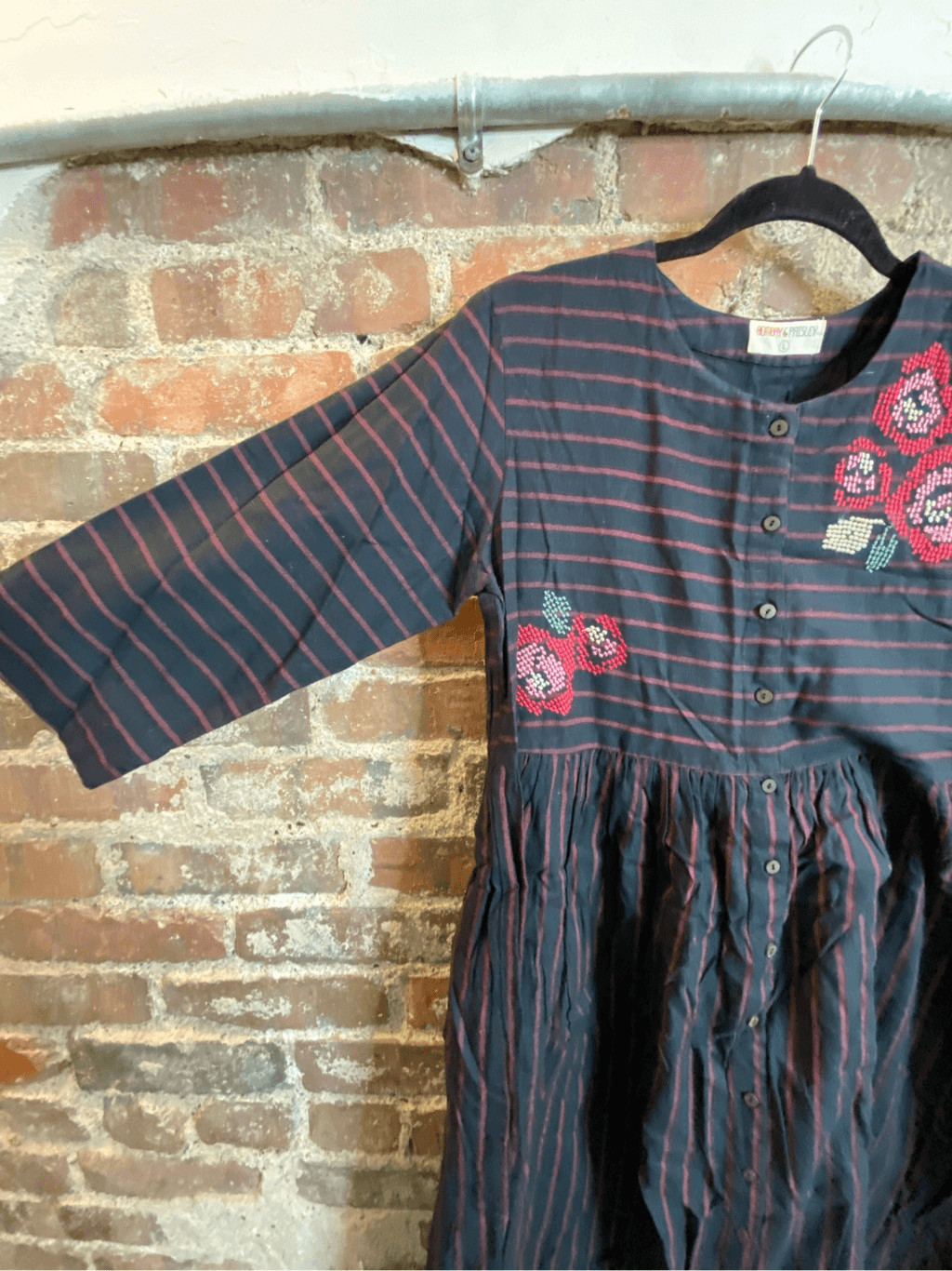 Bombay Paisley Dark Blue Red Stripe Floral Embroidered Button Down 3/4 Sleeve Mi