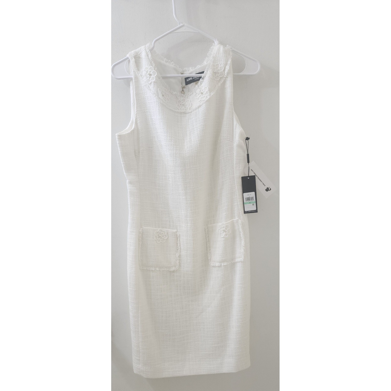 Karl Lagerfeld Paris White Tweed Sheath Dress Pearl Flower Applique NWT 8