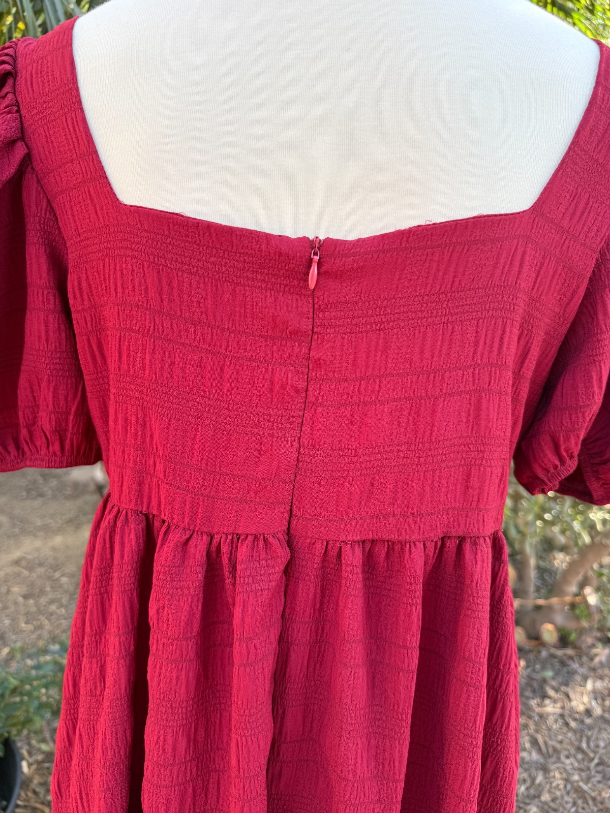 Babydoll Boho Puff Sleeve Smocked Cottagecore Mini Dress Red Size XL Textured
