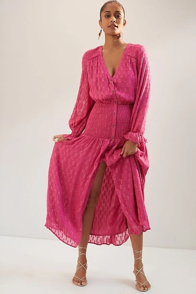 Anthropologie Smocked Long Sleeved Ruched Maxi Dress in Fuchsia Pink Size XS