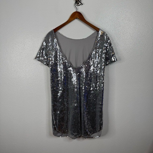 Fate Silver Sequin Mini Shirt Dress Size Large