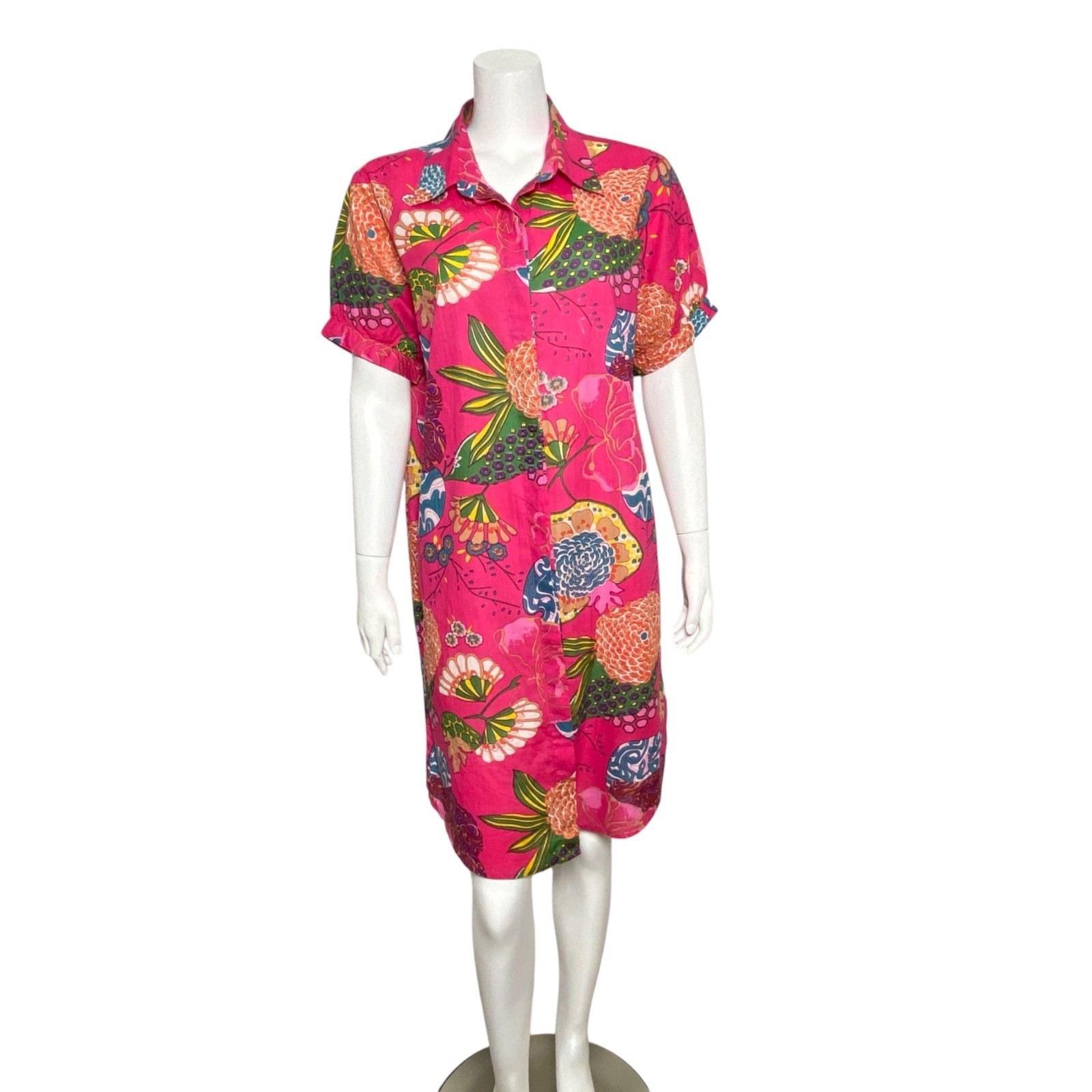Fitzroy & Willa Floral Shirt Dress Womens Size M Short Sleeve Button Up Pink