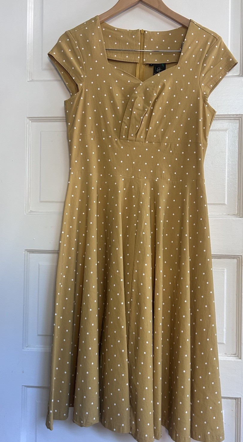 Gown Town Yellow Polka Dot SwingDress Ruffle Cowl Neck L – 1950s style