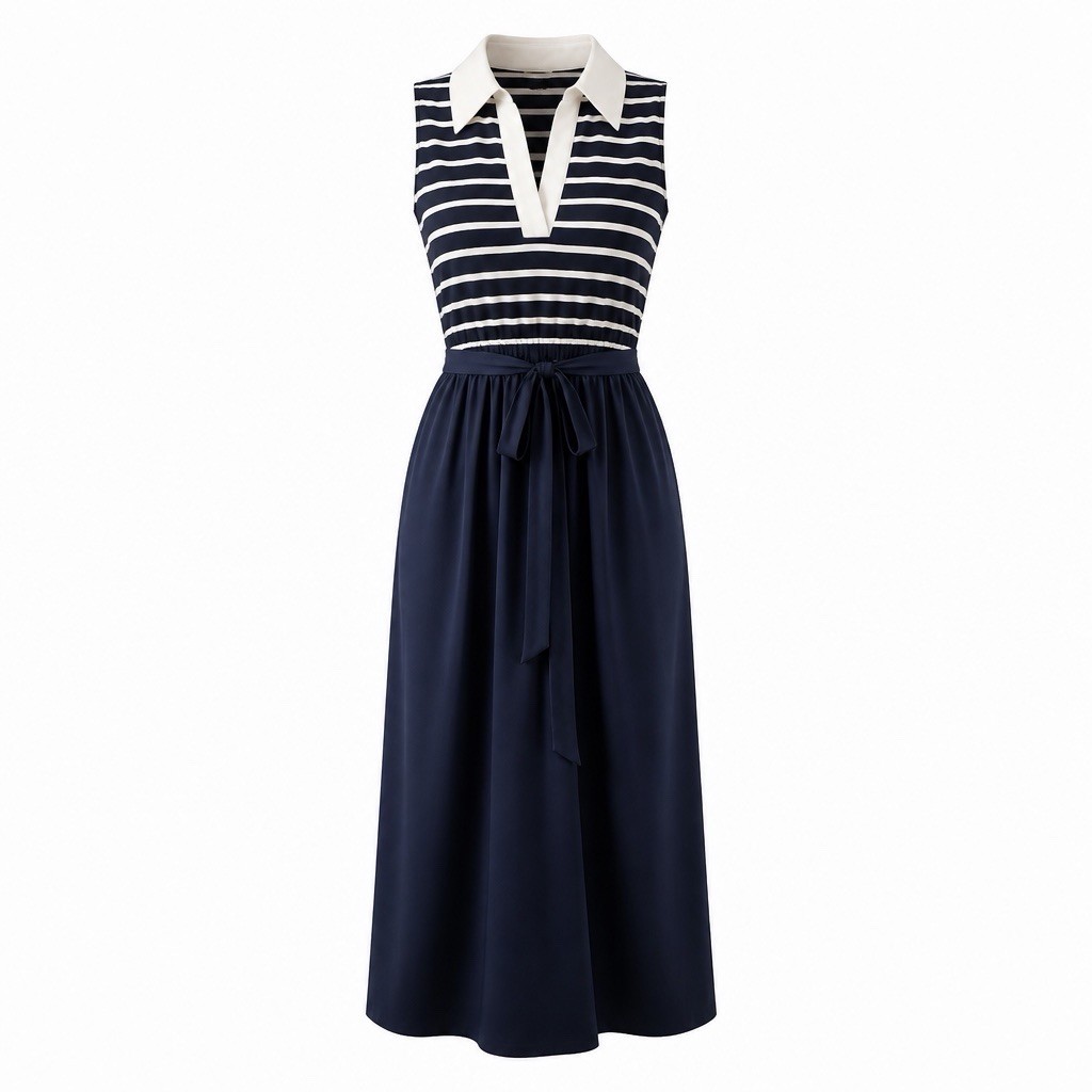 CAbi Navy/White Striped Sleeveless Collared Shirt Dress Tie Belt Midi M