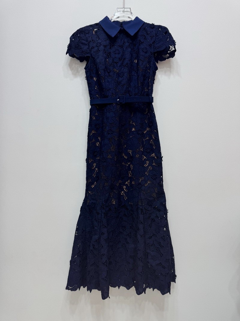 Self-Portrait Flip collar Short sleeves Dark blue Embroidery Fishtail Dress