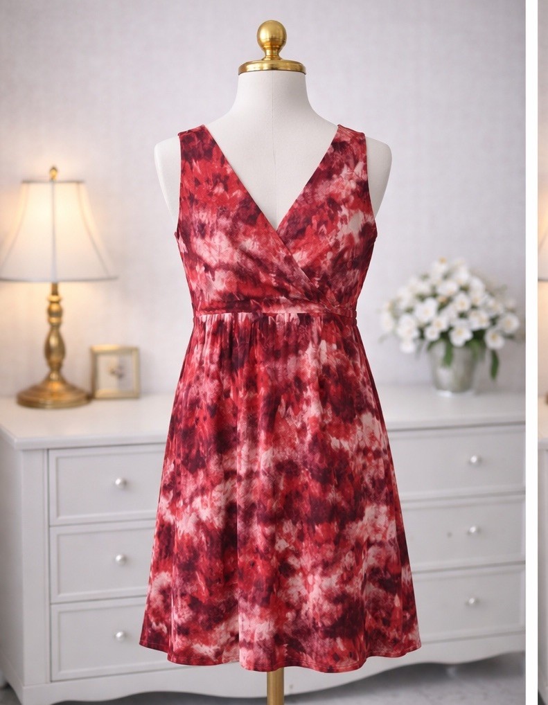 Eddie Bauer Travex Aster Surplice Dress Red Tie Dye Knee Length Size Large