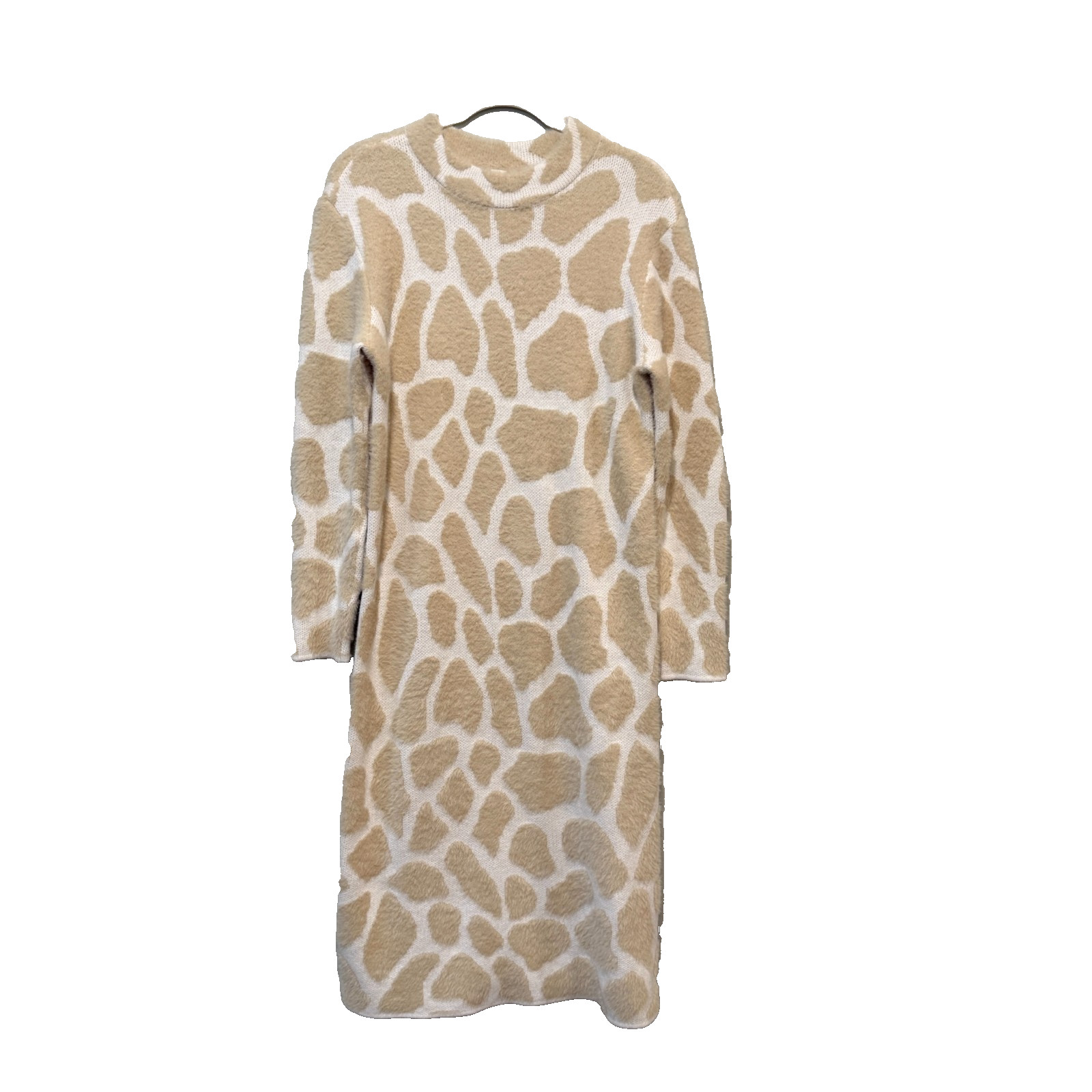 Caslon Giraffe Print Eyelash Mock Neck Midi Sweater Dress S Tan Fuzzy Y2K Animal