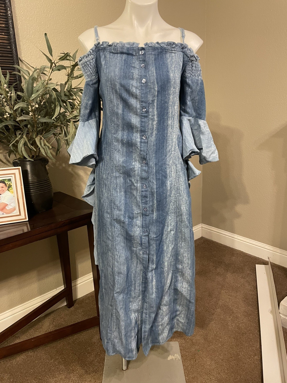 TOV Distressed Denim Blue Button Down Maxi Long Dress Size 44