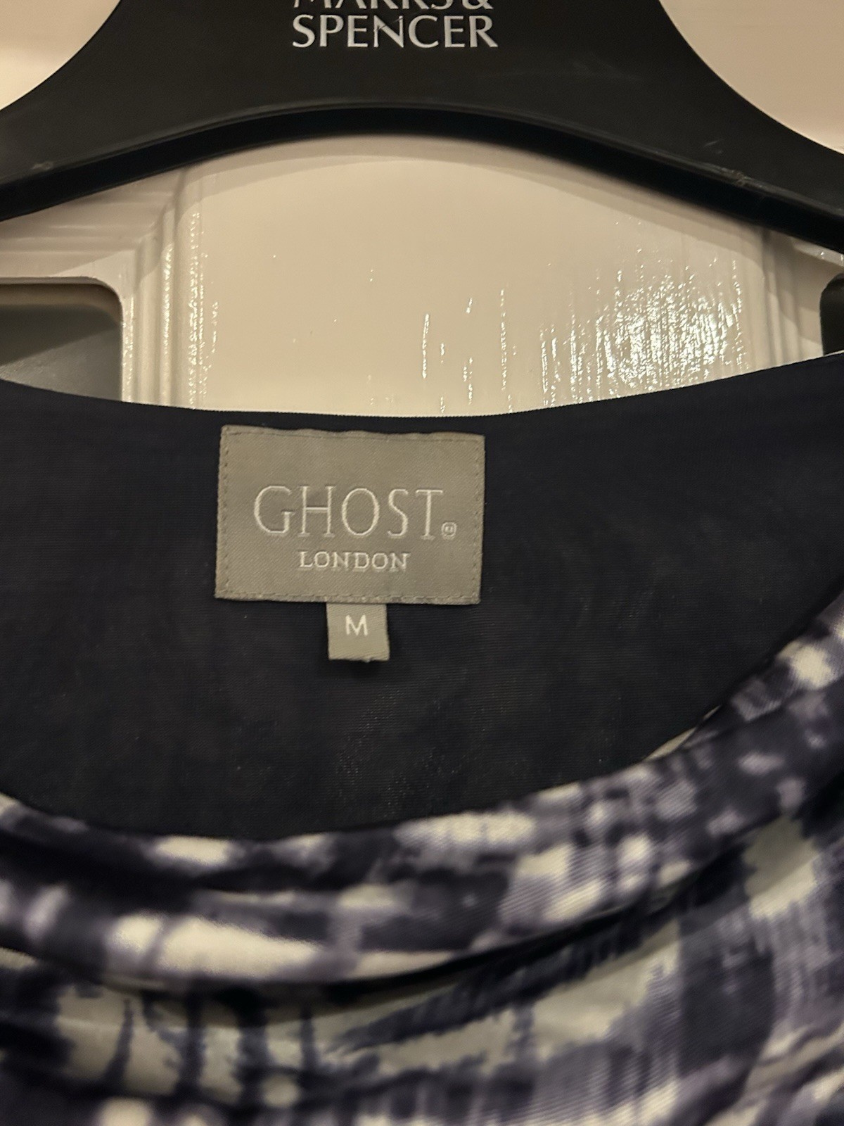Ghost London Abstract Cowl Neck Midi Dress | Size 12 | Navy & White