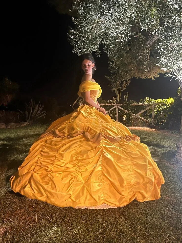 Off-shoulder Princess Quinceanera Dresses Gold Satin Victorian Cosplay