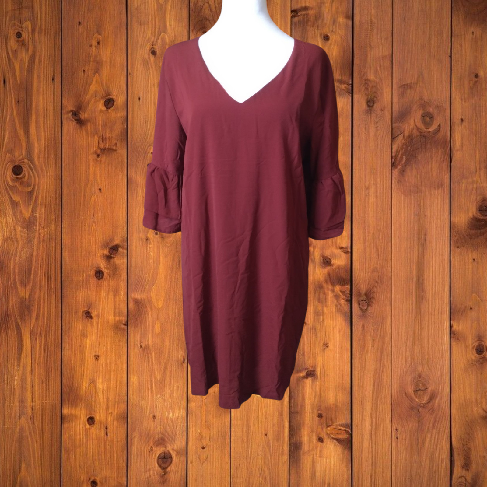 BELONGSCI WOMEN’S LARGE DRESS V-NECK BELL SLEEVE MINI SHIFT DRESS NEW
