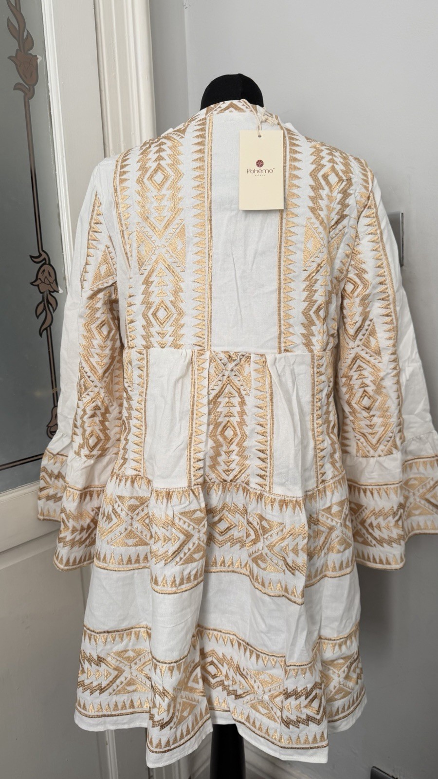 White & Gold Embroidered Boho Smock DressCotton Linen Blend BNWT
