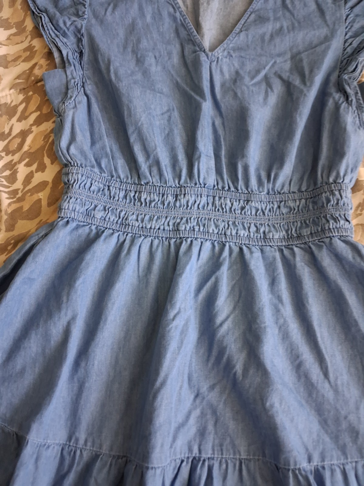 GAP Dress Womens L Petite Denim Chambray Mini Flare Tier Waist Tie Ruffle Vneck