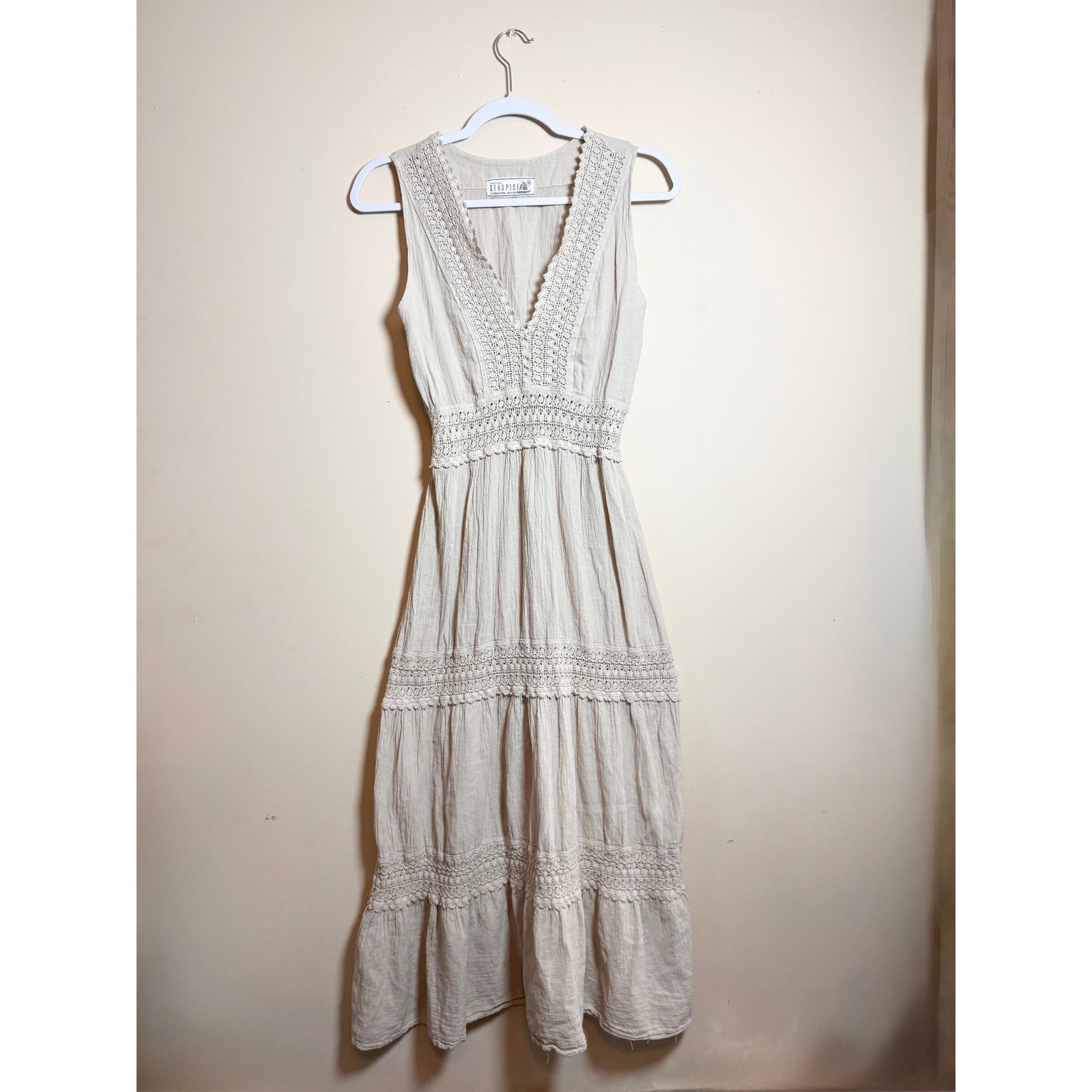 Seaspice Resort Wear Beige Cotton Crochet Lace Maxi Dress Medium Boho Summer