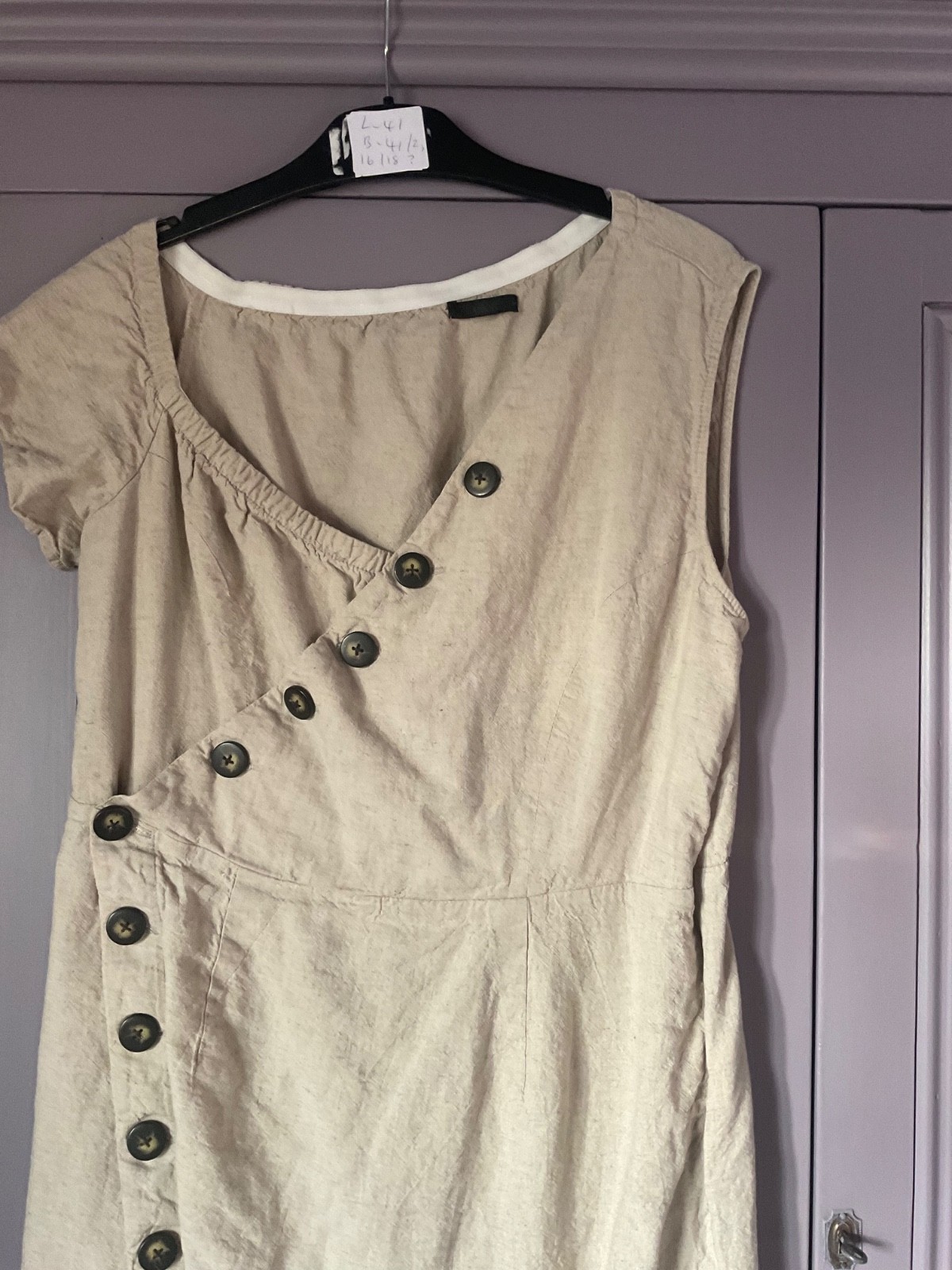 Ellos Size 14 / 16 Stone Wrap Look Button Trim Linen Viscose Blend DRESS Summer