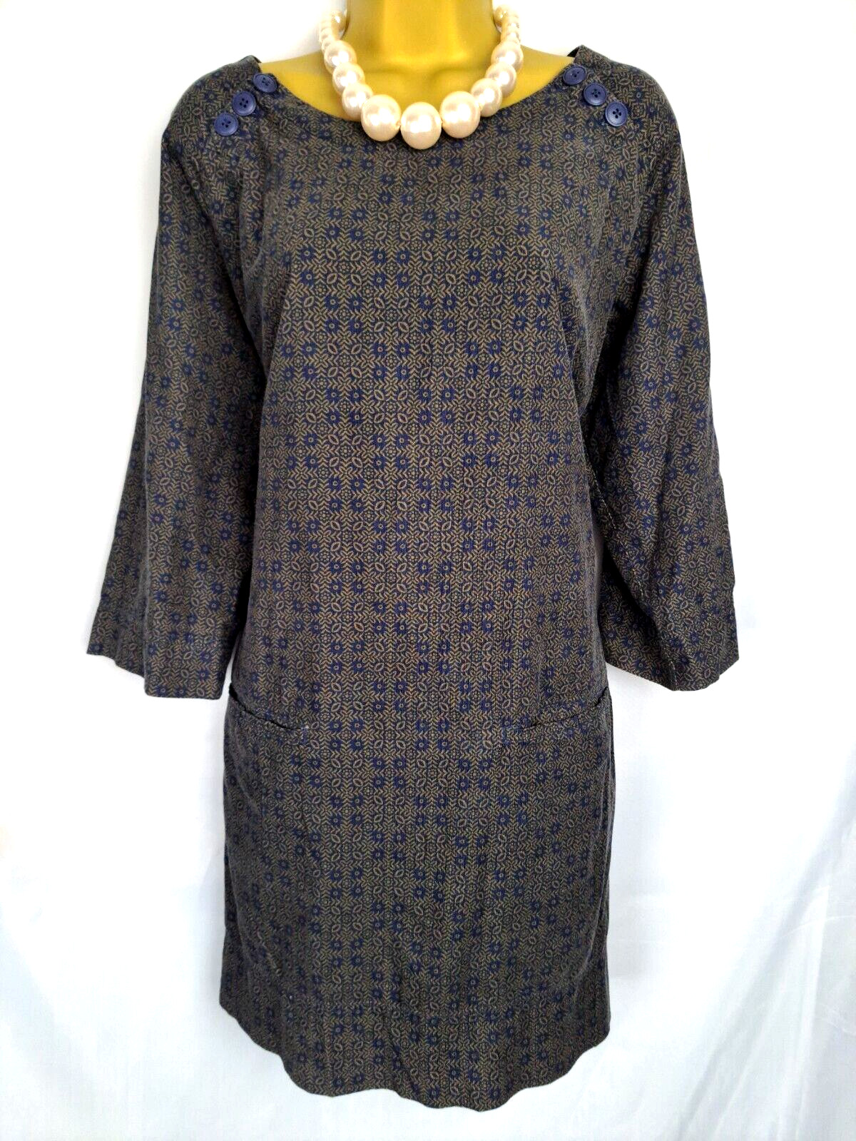 Seasalt Navy & Gold Men An Tol Needlecord Tunic, Pockets Geometric Floral UK16