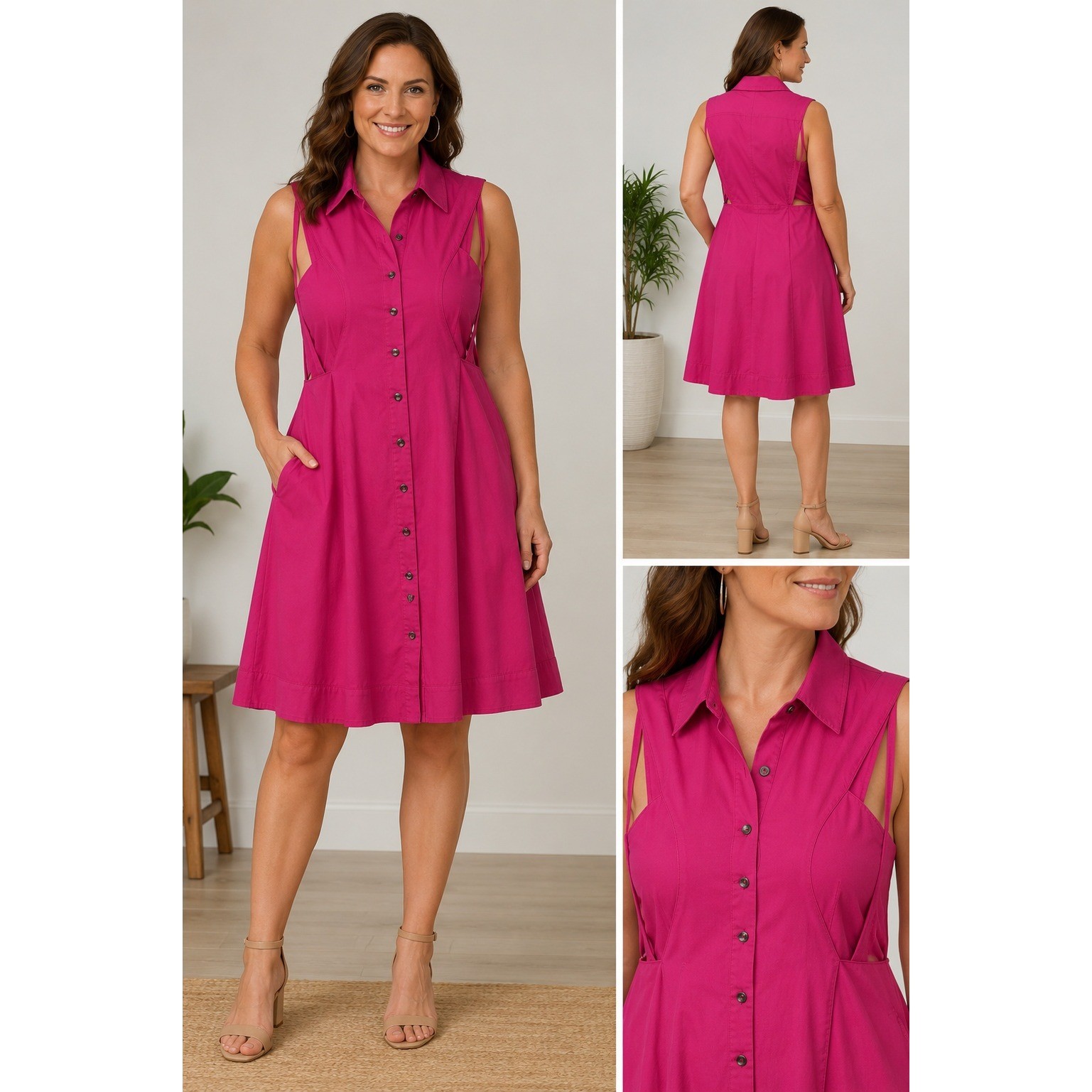 Karl Lagerfeld Paris Pink Sleeveless Cutout Shirtdress Cotton Blend Size 16