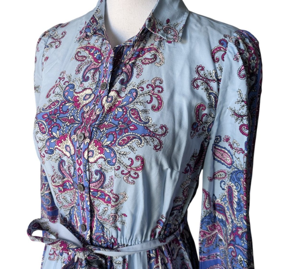 Loft Light Blue Paisley Floral Midi Shirtdress Size XS Button Front Collar Belt
