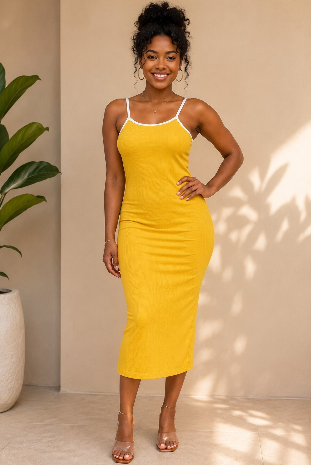 Women’s Yellow/White Contrast Trim Bodycon Slip Midi Dress Size M Polyester