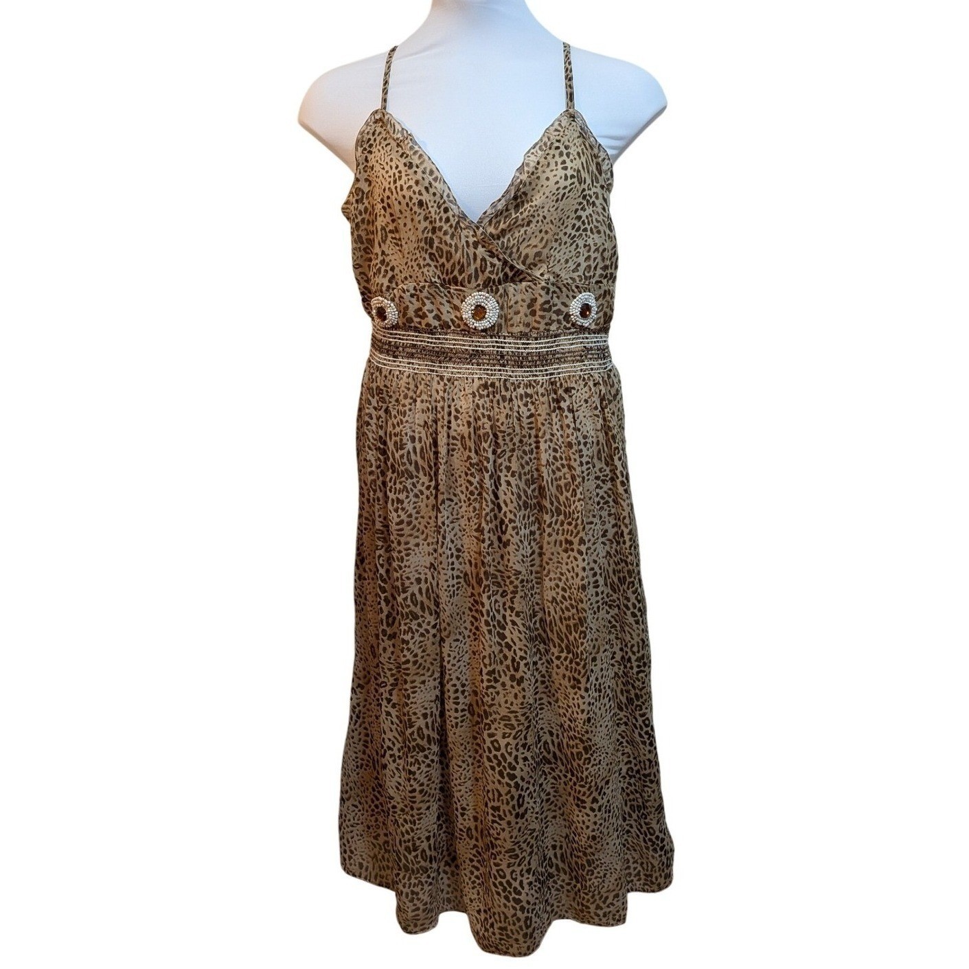 Boho Leopard Smocked Beads Chiffon Summer Ruffles Chiffon Flowy 1X Midi Dress