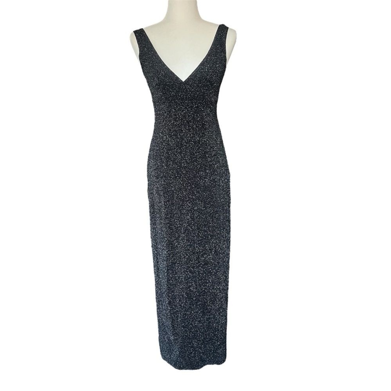 VINTAGE MADE IN USA BLACK SPARKLE V CUT 90s / Y2K CITY TRIANGLES FORMAL DRESS