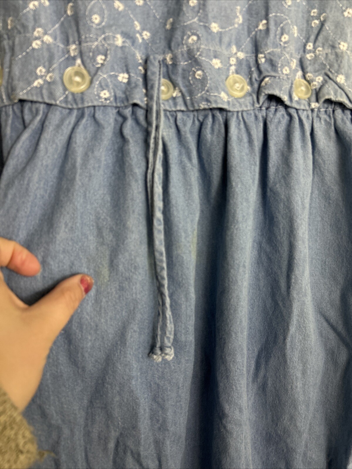 Vintage Chambray Women’s Medium Dress Blue Floral Elastic Waist Ankle Length