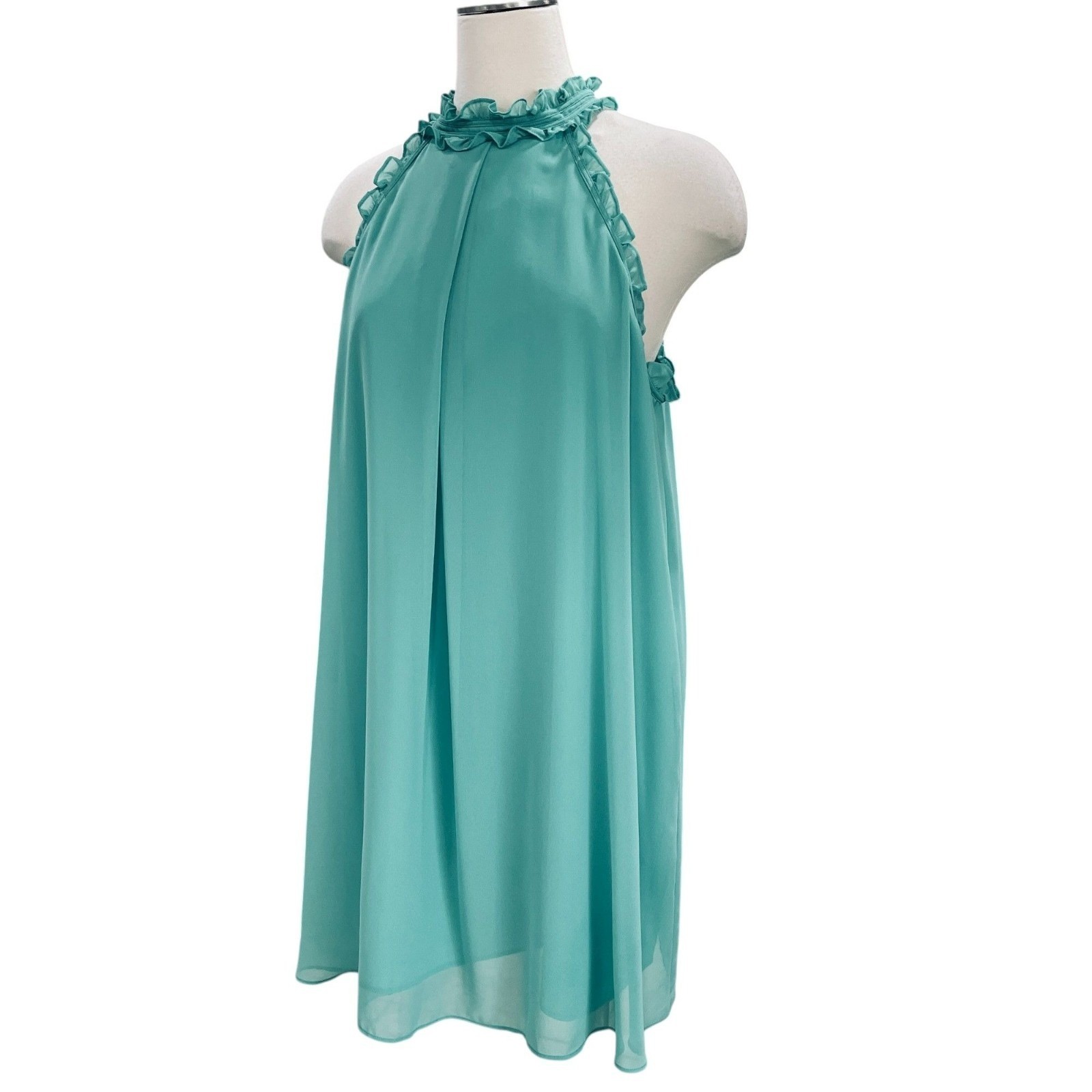 BCBG Generation Turquoise Halter Neck Shift Dress Sleeveless Chiffon Ruffle Trim