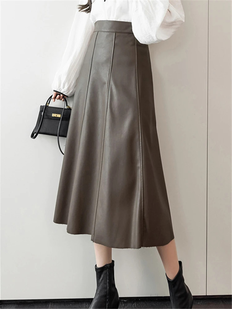 Seoulish black artificial polyurethane synthetic leather women’s A-shaped skirt