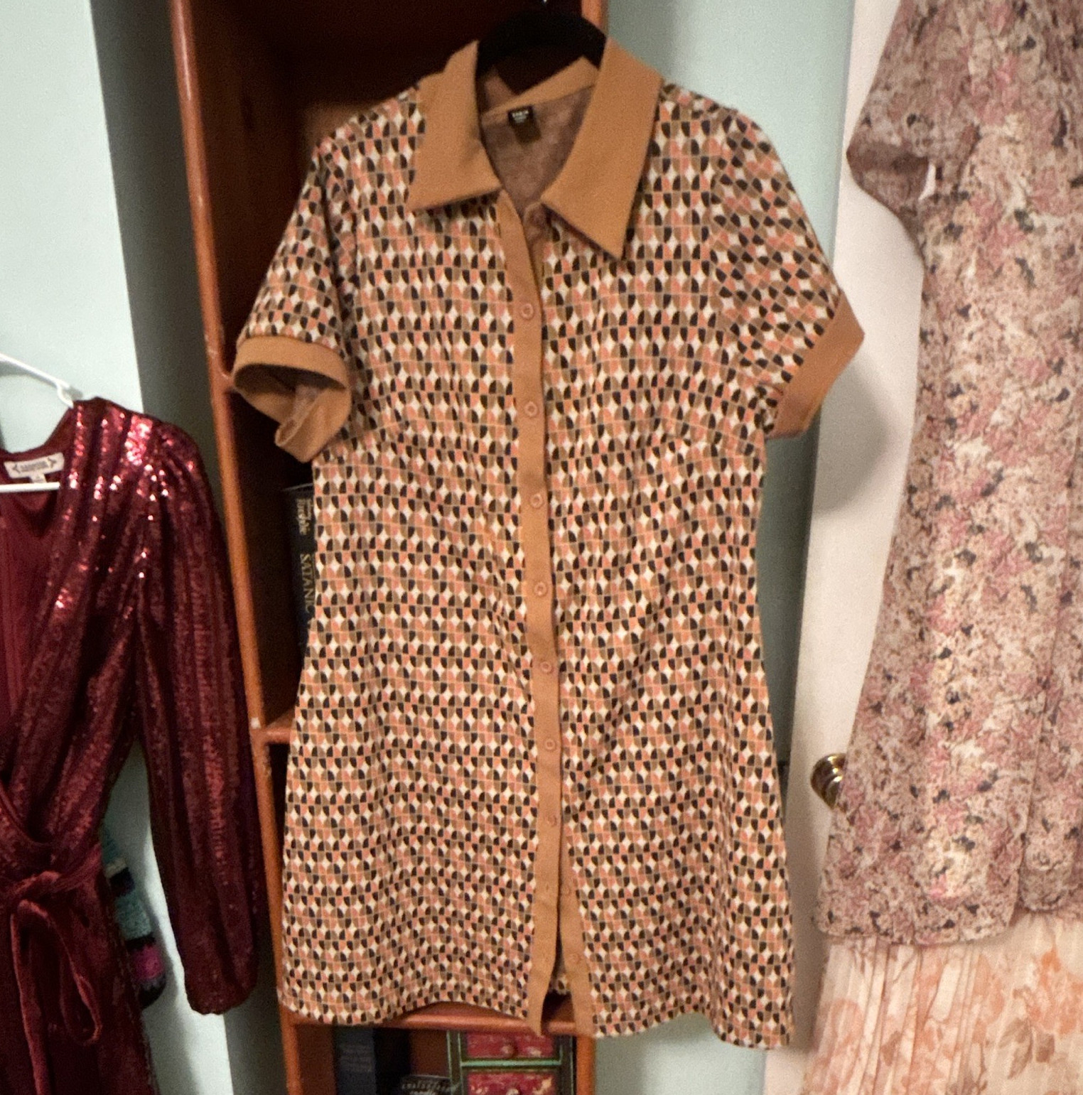 SHEIN CURVE Women’s 0XL Plus Brown Geometric Shirt Dress Button Front Collar