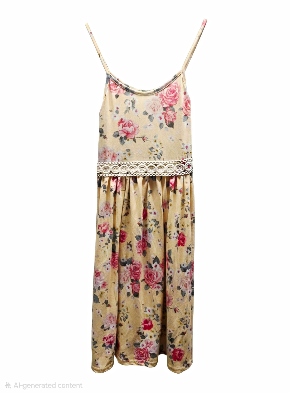 Beige Pink Floral Maxi Dress Scoop Neck Strappy Sleeveless S Lace Trim