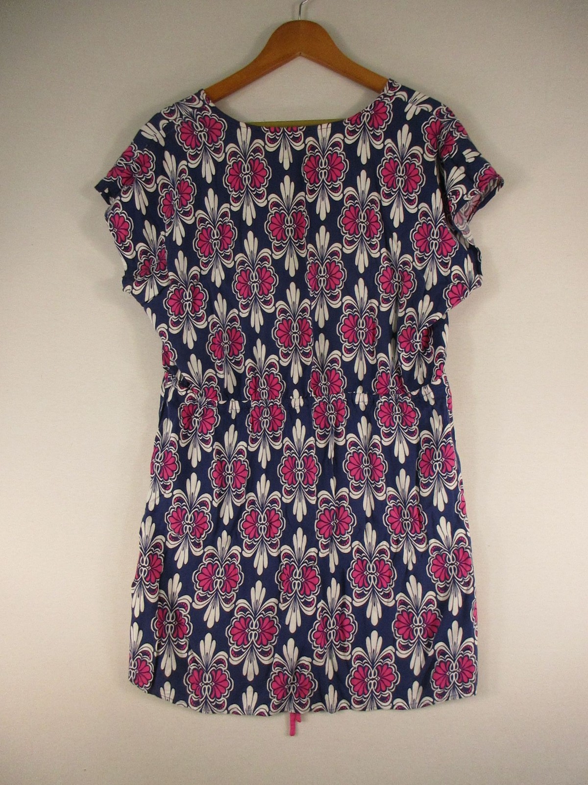 Tunic Dress Womens XL Navy Pink White Floral Drawstring Waist Short Sleeve