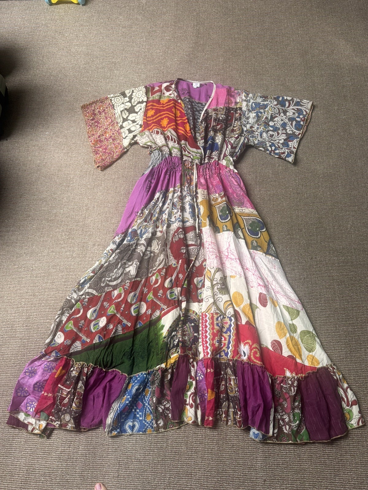 Recycled OOAK Sari Fabric Patchwork Boho Festival Maxi Dress M/L UK 12-16