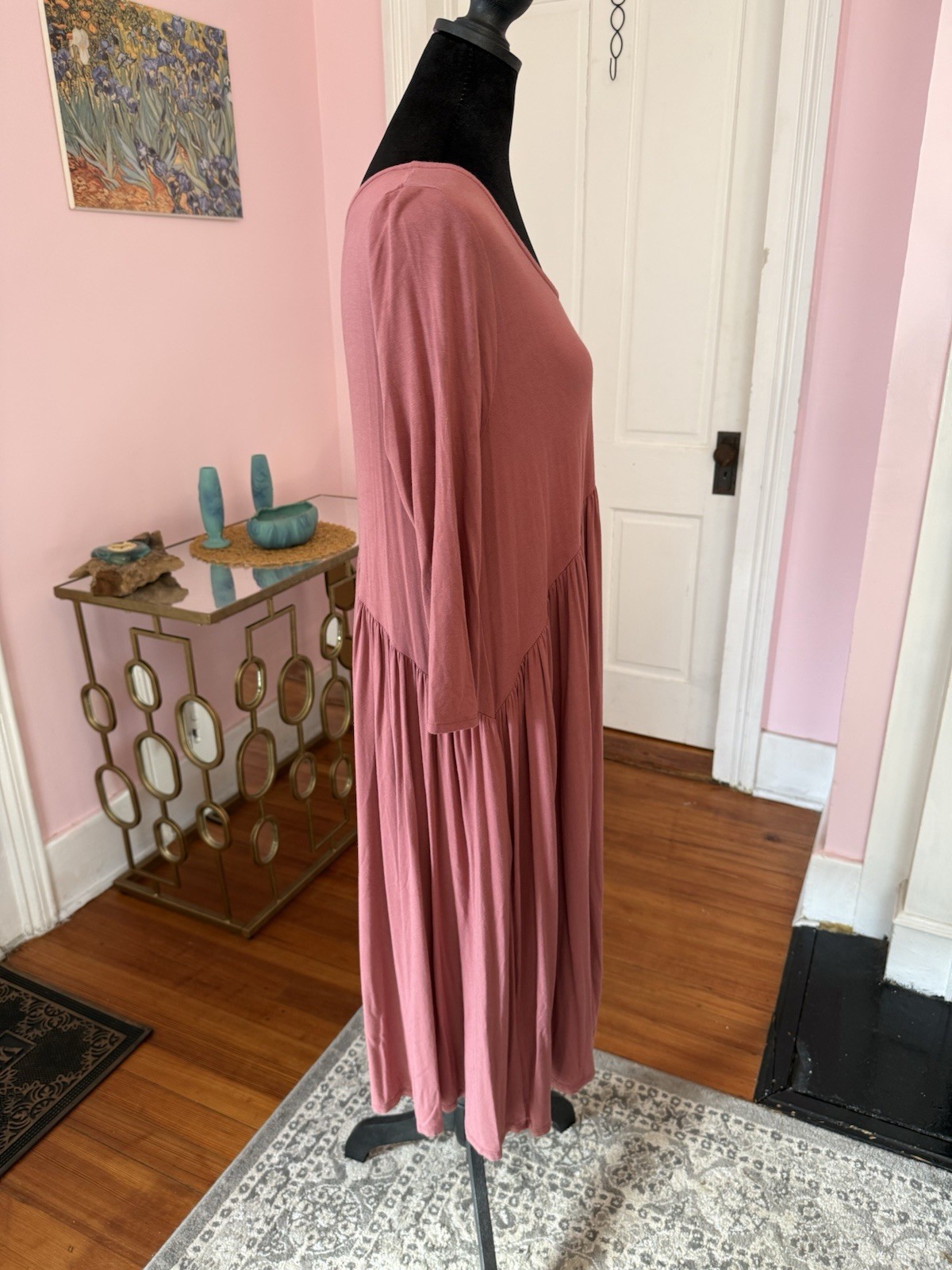Agnes & Dora Pink Solid Knit A-Line Dress Scoop Neck 3/4 Sleeve Midi L