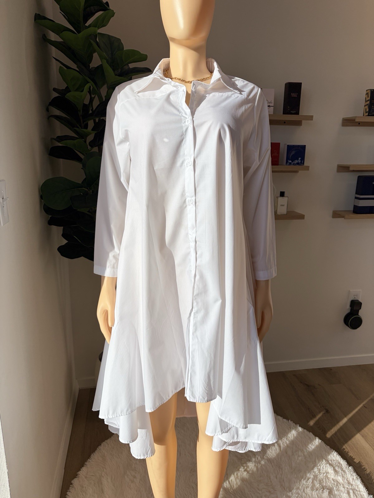 step in style White Collared Button Hi-Low Shirt Dress 3/4 Sleeve S Cotton