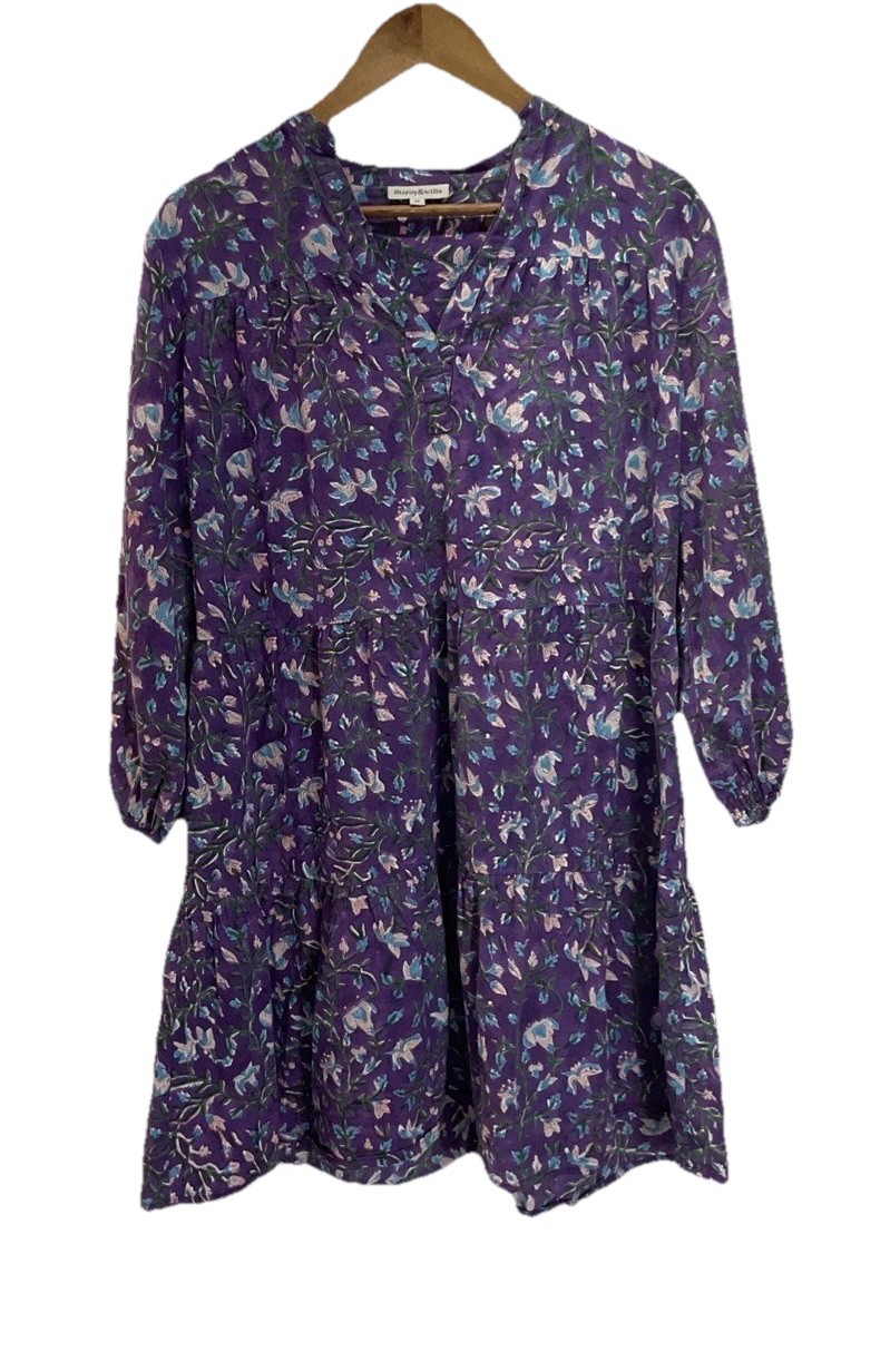 Fitzroy & Willa Marti Tiered Purple Baby Doll Floral Dress M Peasant Cottage