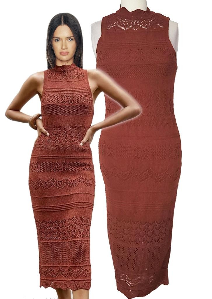 ANTHROPOLOGIE Small Terra Cotta CROCHET MIDI DRESS LINED Bodycon Knit