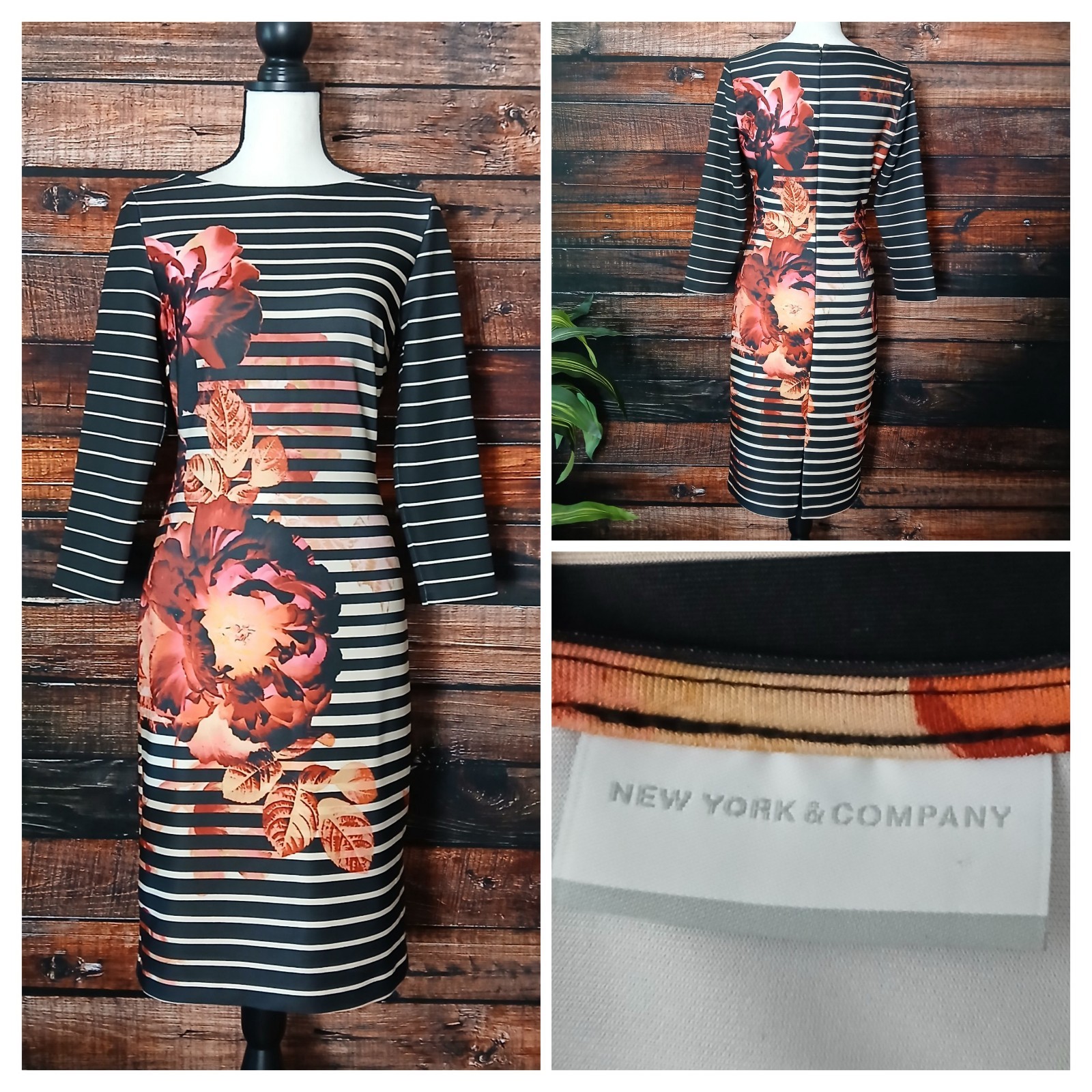 New York & Company Dress Size Small 3/4 Sleeve Floral Striped Sheath Stretch