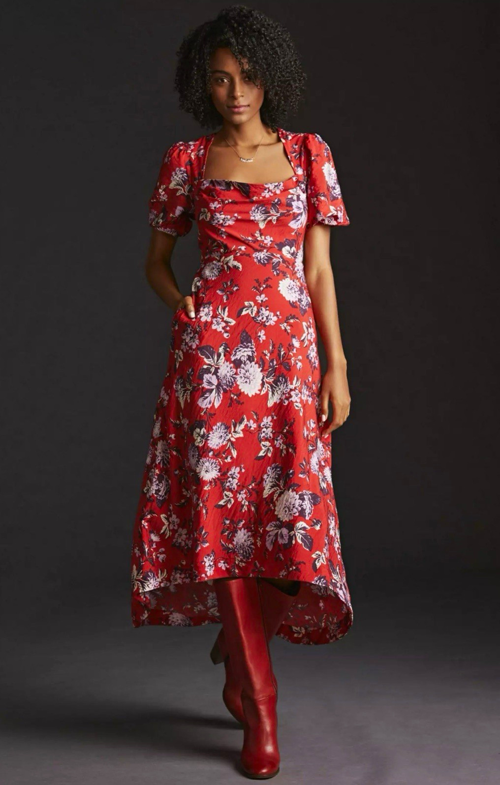 EUCMaeve by Anthropologie Red Floral Square Neck Puff Sleeve Midi Dress 12 boho