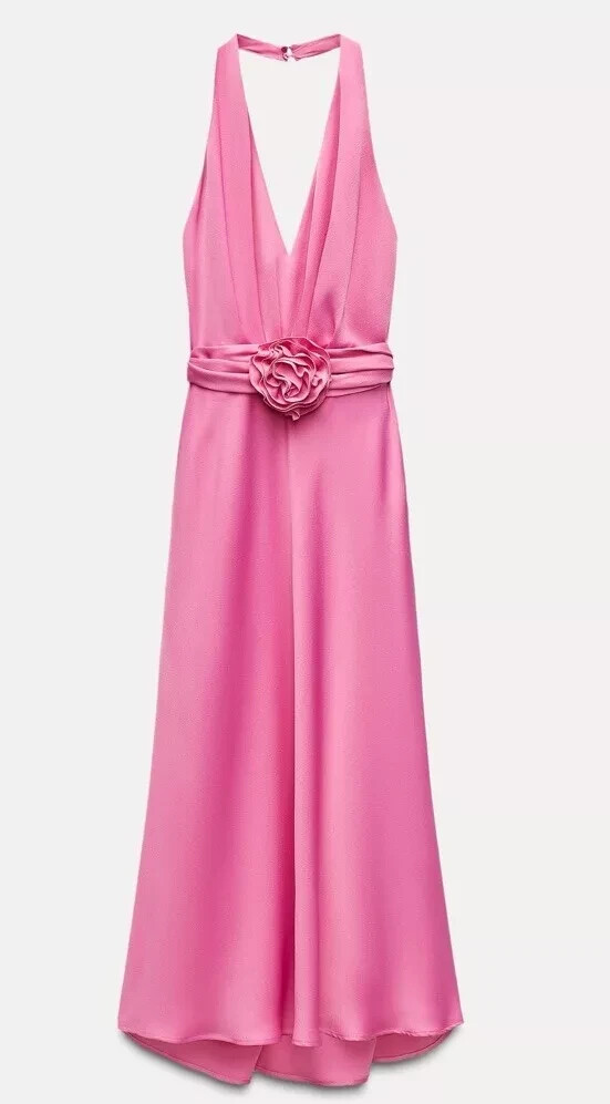 NWT_ZARA FW24 MID- PINK FLORAL SATIN EFFECT MIDI DRESS 8463/309_SIZE XS-L