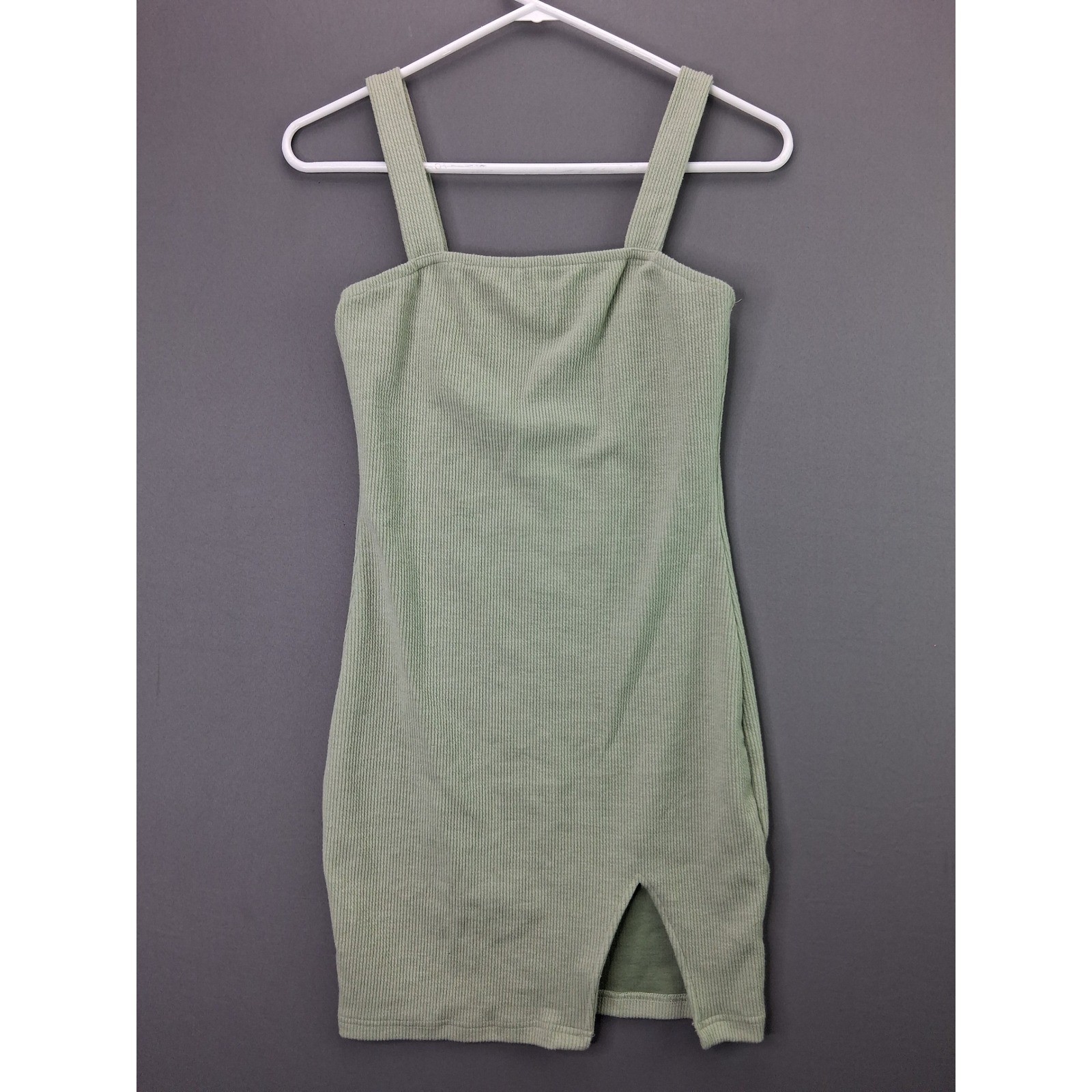 Unbranded Ribbed Mini Dress Bodycon Front Slit Size M Sage Green Square Neck