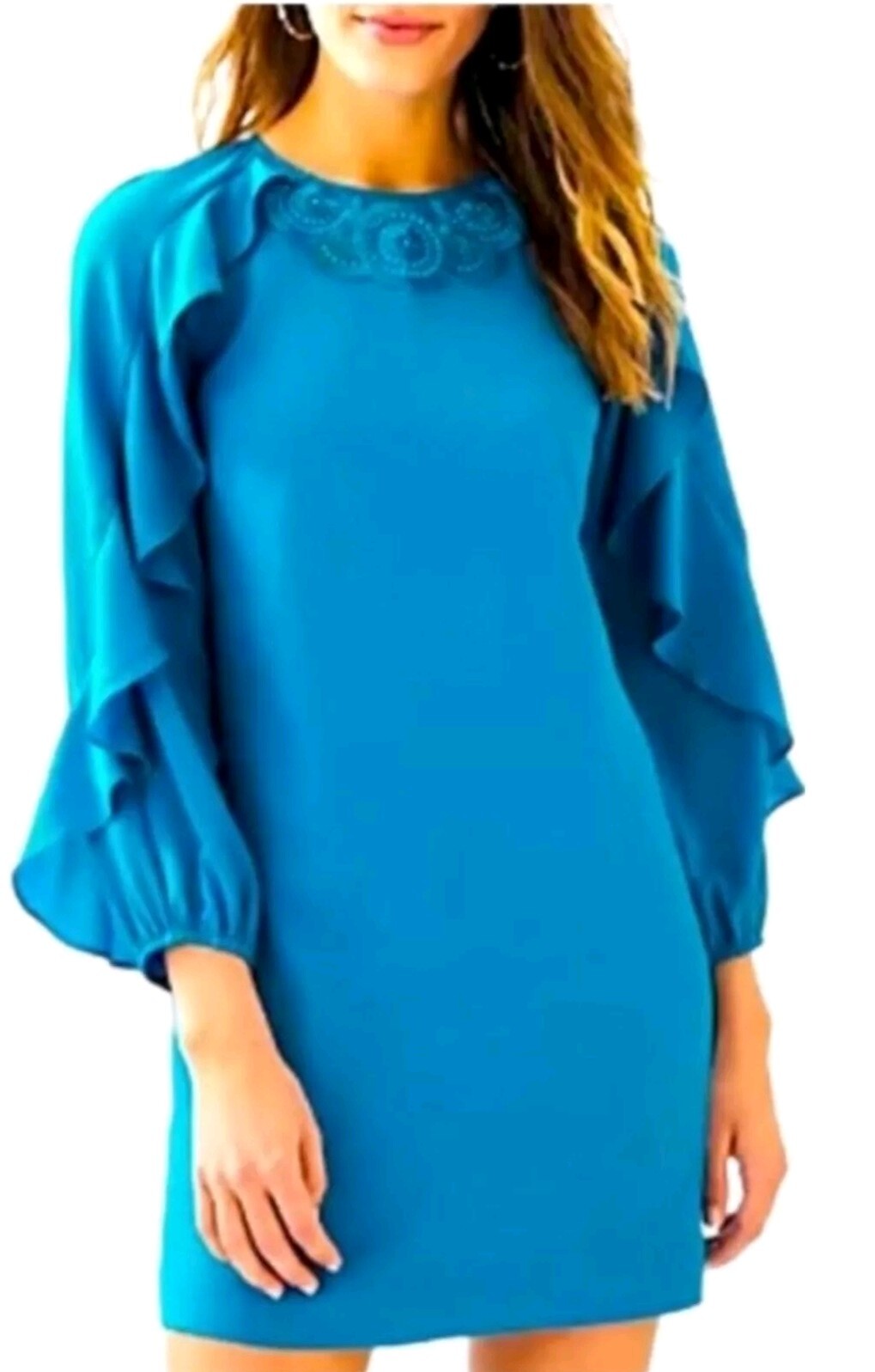 Lilly Pulitzer Leni Peacock blue embroidery beaded ruffle shift dress 4 NWT