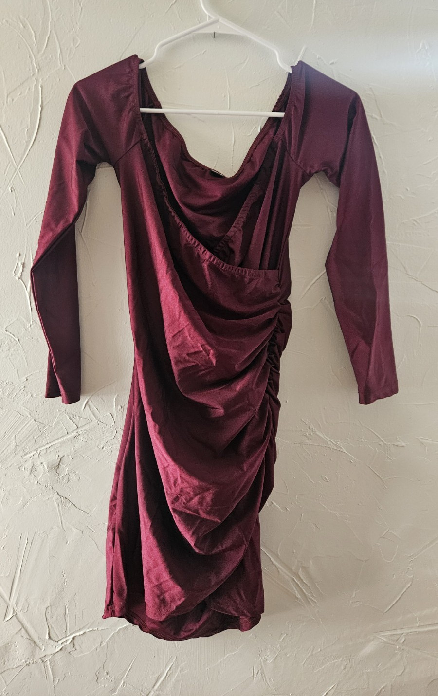 Lush Burgundy Ruched Cowl Neck Long Sleeve Bodycon Mini Dress Women’s S