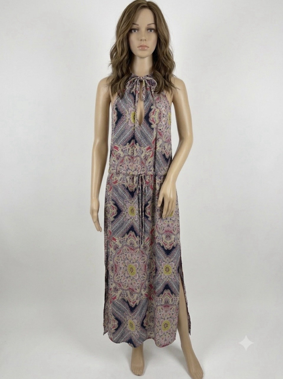 Mon & Jouy Multicolor Paisley Halter Sleeveless Maxi Dress One Size Side Slit