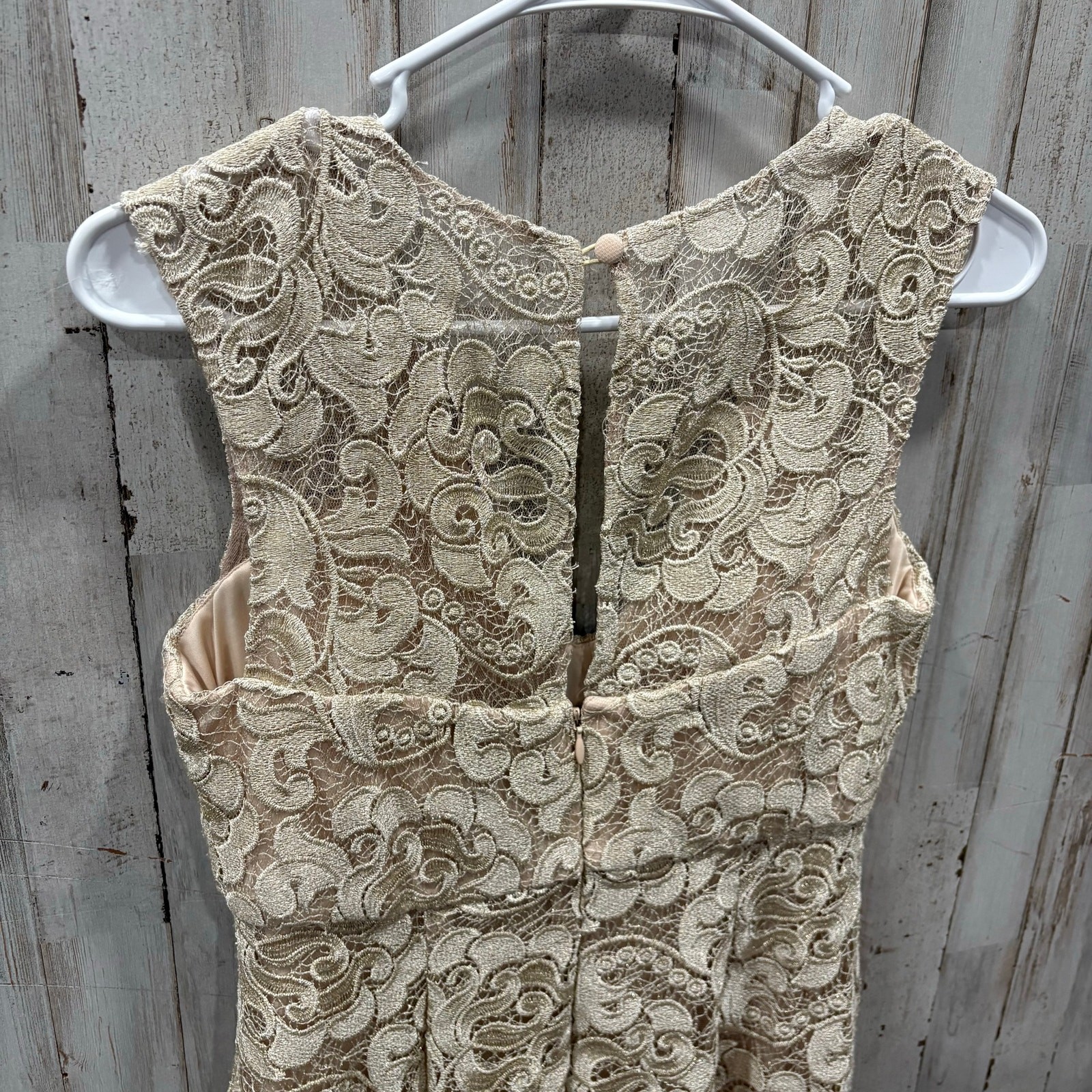 Aidan Mattox Champagne V Neck Lace Mid Slit Dress Maxi Formal Wedding Guest 4